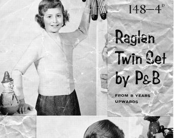 Vintage 1950's Childrens Raglan Twin Set de 8 años en adelante Patrón de punto en 3 capas Patons P&B 148 pdf Descargar