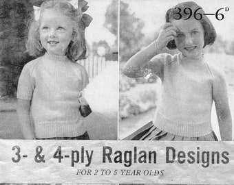 Vintage 1950's Childrens Raglan Twin Set de 2 a 5 años Patrón de punto en 3 o 4 capas Patons P&B 396 pdf Descargar
