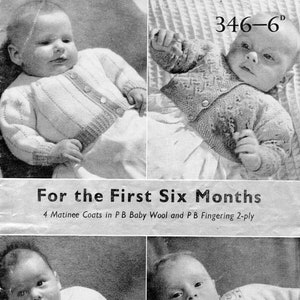 May include: Four black and white photographs of babies wearing knitted sweaters and coats. The photos are arranged in a grid with the text "For the First Six Months" and "4 Matinee Coats in PB Baby Wool and PB Fingering 2-ply" below the photos. The text "346-6°" is in the top right corner of the image. The text "P&B WOOLS" is in the bottom right corner of the image.