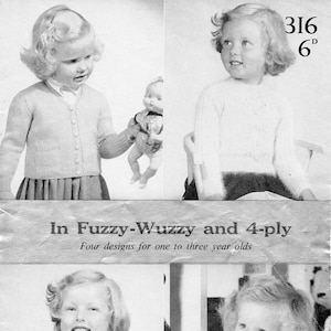 Childrens Jumper Cardigan Knitting Pattern 1-3 years in 4 ply and Fuzzy Wuzzy 4 ply Vintage 1950&#39;s  Patons P&B 316 pdf Instant Download