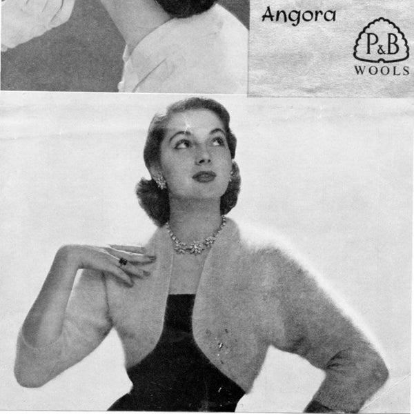 Boléro et bonnet à tricoter vintage des années 1950 en angora Patons Fuzzywuzzy32 - Buste de 36 po. Patons P&B 95 à télécharger en pdf