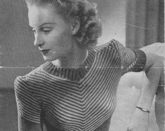 Vintage 1940's Knitting Pattern Unusual Striped Jumper in 2 ply 32-34" Bestway 1584 pdf Download