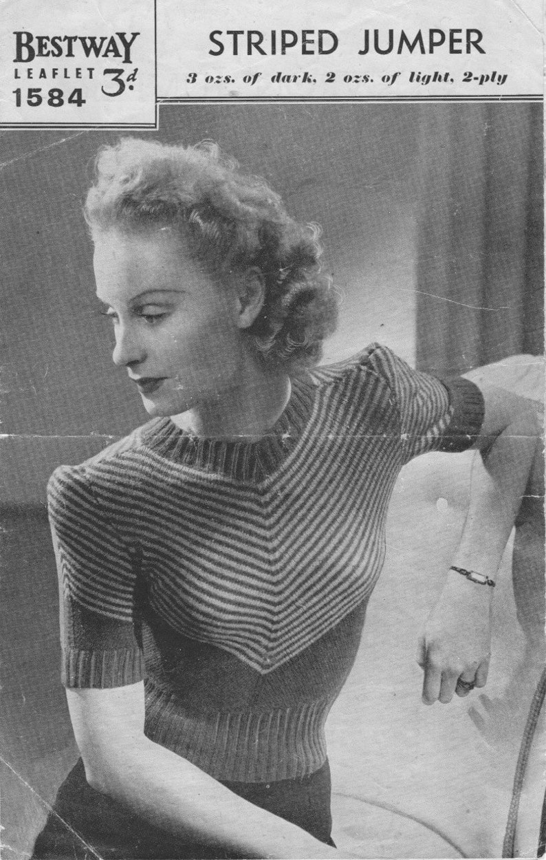 Vintage 1940's Knitting Pattern Unusual Striped Jumper in - Etsy