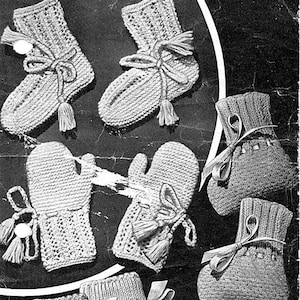 May include: A black and white vintage knitting pattern for baby booties and mittens. The pattern is called "Weldons Knitwear A398" and includes instructions for sizes from birth to one year. The pattern requires 1 ounce of 3-ply yarn for each pair of booties or mittens.