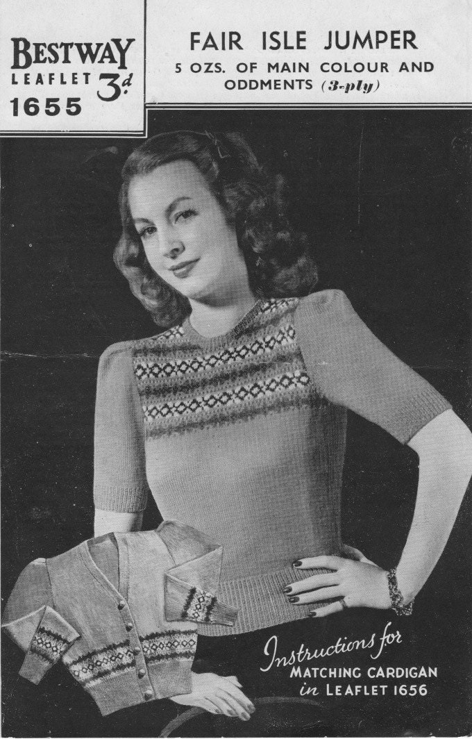 Vintage 1940's Knitting Pattern Fairisle JUMPER cardigan on Seperate ...