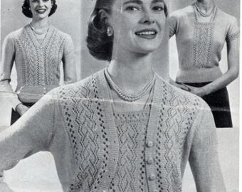 Vintage 1940's Knitting Pattern TWIN SET Jumper & Cardigan in 2 ply Weldons A1135 pdf download