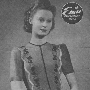 May include: A black and white vintage knitting pattern for a Tyrolean jumper. The pattern is for a sweater with a crocheted trim and is made with 6 ounces of 3-ply yarn. The pattern is from Bestway Leaflet 1325 and is made with Emu Unshrinkable Wools.