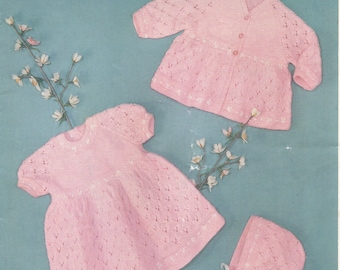 Vintage bebé tejido patrón vestido abrigo Cardigan Bonnet 6 - 9 meses en 4 capas 21 pulgadas pecho pdf descarga instantánea