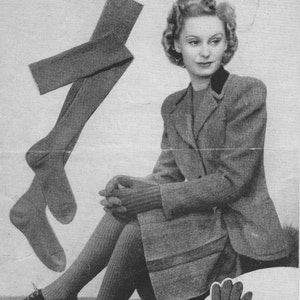 May include: A vintage knitting pattern leaflet for stockings and gloves. The leaflet is titled "Bestway" and shows a woman wearing the knitted items. The text on the leaflet reads "Stockings & Gloves on 4 Needles 8 ozs. of 3-ply for Set, or 7 ozs for Stockings and 2 ozs. for Gloves".