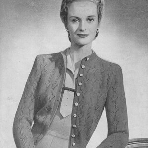 Vintage 1940's  Knitting Pattern Ladies Button to Neck Lacy Cardigan 34" chest in 3 ply Bestway 2003 pdf download