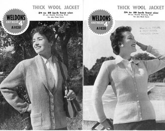 Patrón de tejido vintage de los años 50: 2 chaquetas de lana gruesas en doble punto, busto de 38 a 40 pulgadas, Weldons A1020, descarga en PDF