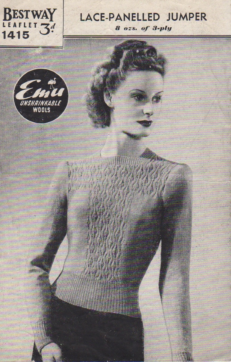 Vintage 1940's Knitting Pattern Lace Panelled Jumper in 3 - Etsy UK