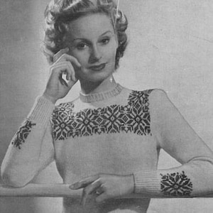 Vintage 1940&#39;s Knitting Pattern JUMPER with Fair Isle Yoke in 3 ply Weldons 675 pdf Download