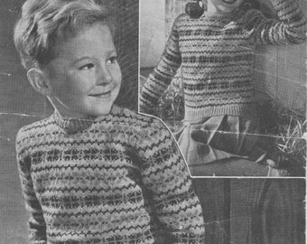 Vintage 1940's  Knitting Pattern Childs Fair Isle Jersey / Jumper 4 - 8 years in 3 ply wool Bestway 1762 pdf download