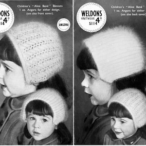 Vintage 1950&#39;s Knitting Pattern Childs Girls Alice band bonnet hats x 4 in angora Weldons S114 pdf Download