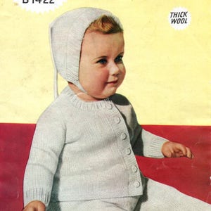 Baby Knitting Pattern Vintage 1950&#39;s  Jacket Leggings Hat Pram Set  6-12 months in Double Knitting Weldons B1422 pdf Download