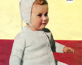 Patrón de tejido para bebé, chaqueta, leggings, gorro y cochecito, estilo vintage de los años 50, de 6 a 12 meses, en tejido de doble punto Weldons B1422, descarga en PDF