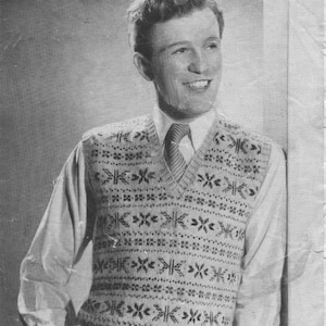 Vintage 1940&#39;s  Knitting Pattern Man&#39;s Fair Isle Pullover (sleeveless) in 3 ply wool Bestway 1749 pdf download