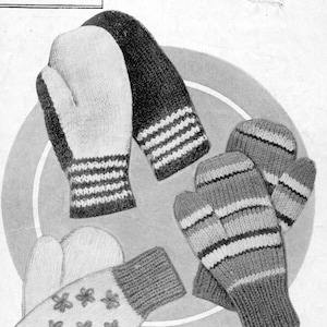May include: A vintage knitting pattern for children's mittens, featuring a black and white striped mitten, a white mitten with black stripes, and a white mitten with a floral design. The pattern is titled "Children's Mitts" and is from "Bestway Leaflet 1189 3d".