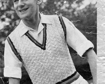 Vintage 1940's Knitting Pattern Jersey de cricket sin mangas para hombre en tejido doble y 3 capas 38-40" Patons P&B 263 descarga en pdf