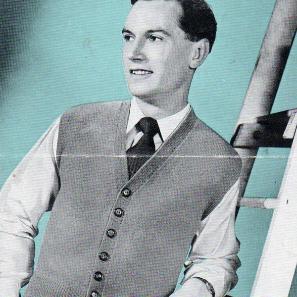 Vintage 1940's Knitting Pattern Man's Sleeveless Slipover Waistcoat Vest in 3 ply 36-40" chest Bestway 2308 pdf download