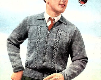 Cárdigan con cremallera para hombre Tobie Vintage 1940's Knitting Pattern en 4 capas 38 - 42" Robin 478 descarga en pdf