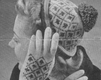 Cap Hat & Gloves, Adult Fair Isle, Vintage 1940's Knitting Pattern in 3 ply Weldons 313 pdf Download