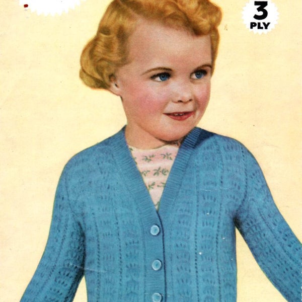 Feather & Fan Cardigan for girls 2 - 6 years Vintage 1950's Knitting Pattern in 3 ply Weldons B1363 pdf Download