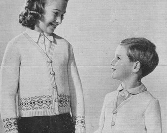 Patrón de tejido de punto de 3 capas Bestway 1906 para cárdigans Fair Isle para niños de 4 a 8 años, años 40, descarga en PDF