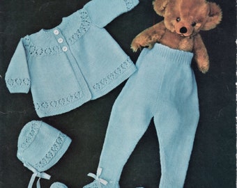 Patrón de tejido para bebé, chaqueta, leggings, gorro y cochecito, años 70, de 45 a 50 cm de pecho, Hayfields 521, pdf Descargar