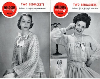 Patrón de tejido vintage de los años 40 para 2 chaquetas de cama de 34 a 38 pulgadas de pecho Weldons A1068, descarga en formato PDF