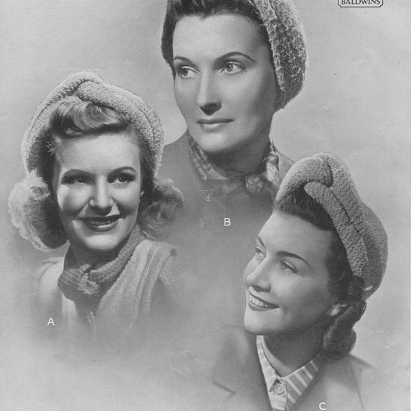 WW2 Wartime Vintage 1940's Knitting Pattern Ladies TURBANS 3 variaciones Patons & Baldwins 3814 pdf Descargar