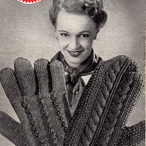 May include: A vintage knitting pattern for ladies' gloves and mitts. The pattern is titled "Weldons Knitwear 4d A1093 Ladies' Gloves and Mitts Knitted on 2 needles 2 ozs. 3-ply for either pair". The pattern features a black and white photo of a woman wearing the gloves and mitts.