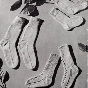 May include: A vintage knitting pattern for children's socks on two needles. The pattern is for plain or lacy socks in three sizes. The pattern is from P&B Wools.