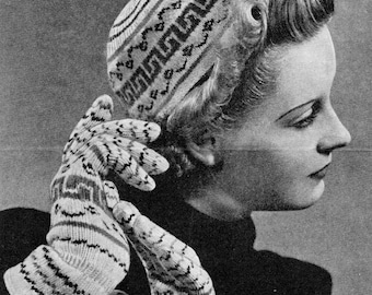 Vintage 1940's Knitting Pattern Adult Fair Isle Cap Hat & Gloves in 3 ply Bestway 990 pdf Download