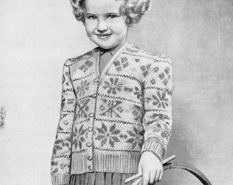 Patrón de tejido vintage de la Segunda Guerra Mundial de los años 40 Cárdigan Fair Isle para niños de 8 años en lana de 3 capas Bestway 1507 descarga en formato PDF