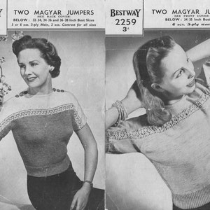 2 Magyar Jumpers 1940&#39;s vintage knitting pattern 32 - 38&quot; bust sizes in 3 ply Bestway 2259