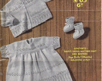 Vintage Baby Knitting Pattern Dress, Bootees and Matinee Jacket / coat for birth to 3 months 18" chest Vintage 1960's pdf Download