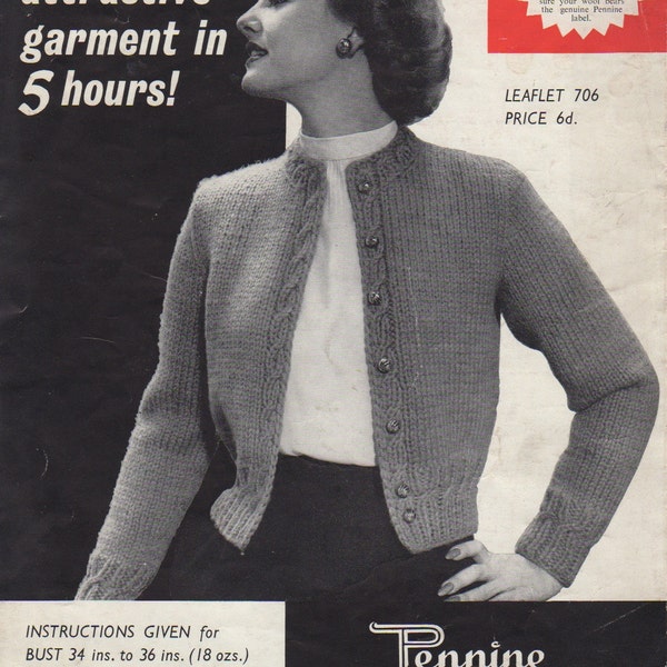 Vintage 1940's Knitting Pattern CARDIGAN Quick Knit Chunky Wool 34 - 40" pdf Download