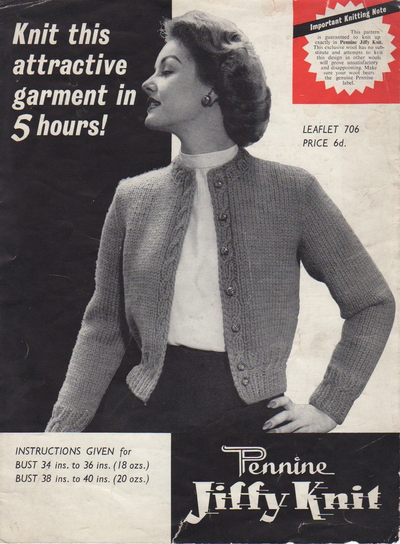 Vintage 1940's Knitting Pattern CARDIGAN Quick Knit Chunky Wool 34 40