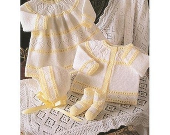Patrón de tejido vintage para bebé, vestido, cárdigan, gorro, botas y chal en doble punto, de 30 a 45 cm (desde prematuros hasta 1 año) en pdf Descargar