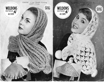 Vintage 1950's Knitting Pattern 2 Scarves / Scarf & Shawl in double knitting Weldons A1309 pdf Download