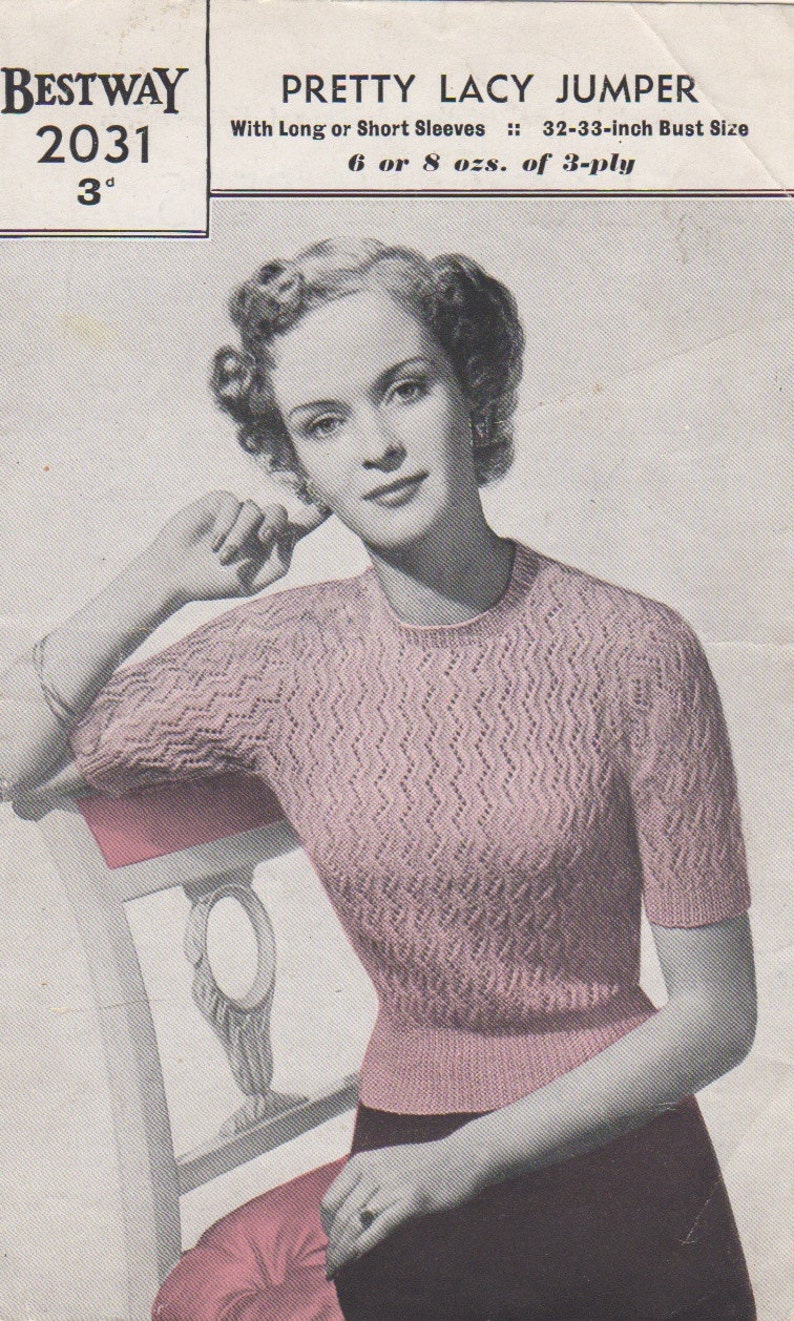 Knitting Pattern Lady/'s Vintage 1940s Jumper 4Ply Yarn Long or Short Sleeves.