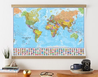 Political World Map with Flags Poster - home, wall hanging, map of the world, push pin map, gift, study, world map, Free Shipping
