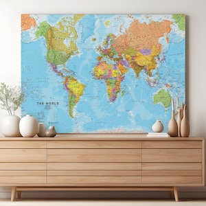 Canvas Political World Map Print - wall map, free shipping, gift for him, gift for her, world map, canvas map, gift, home decor, living room