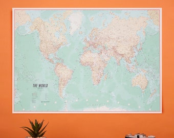 Vintage World Map Poster - modern detailed mapping, home decor, world wall map, wall map, gift for him, push pin map, mid century