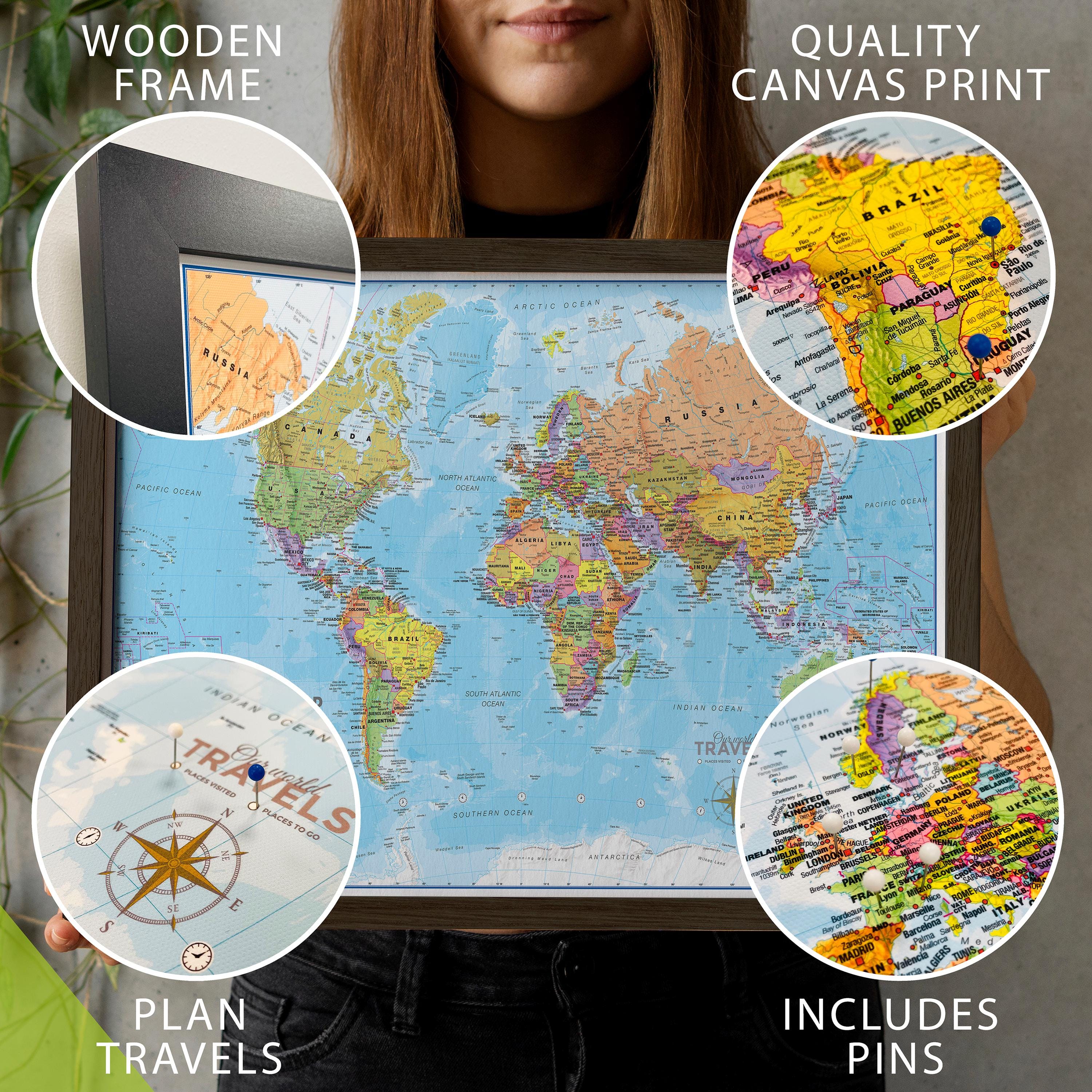 Framed Push Pin World Map – Travel Tracker Canvas Pinboard - Etsy UK