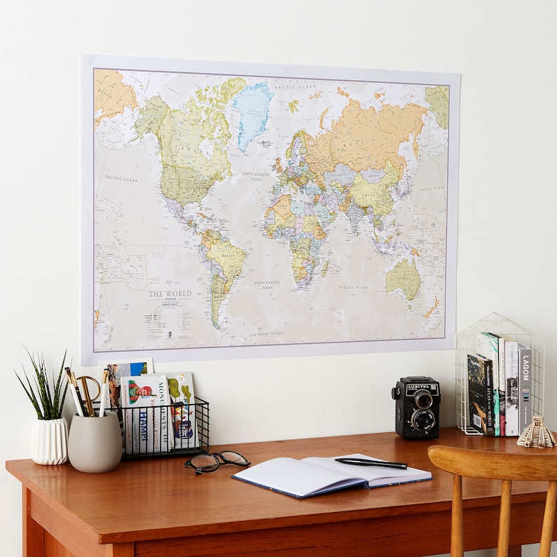 Classic World Map home decor, bedroom, world wall map, living room, wall map, gift for him, gift for her, push pin map, Free Shipping Paper M