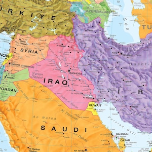 May include: A detailed map of the Middle East, highlighting countries like Iraq, Syria, and Saudi Arabia. The map features various cities, bodies of water, and geographical features, with a color-coded design for easy navigation. The Persian Gulf is visible.