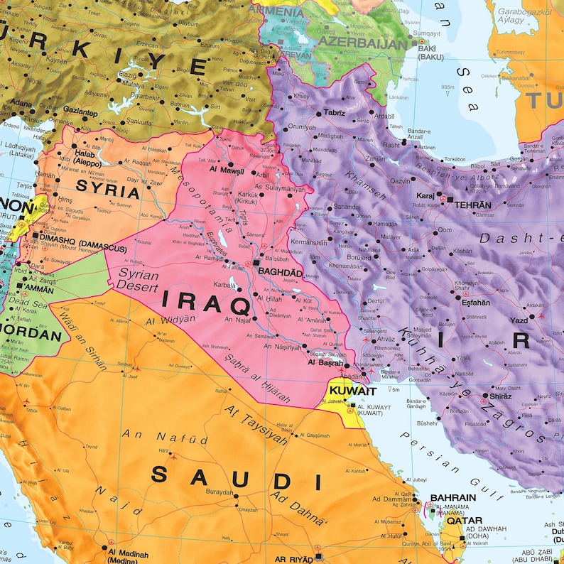 May include: A detailed map of the Middle East, highlighting countries like Iraq, Syria, and Saudi Arabia. The map features various cities, bodies of water, and geographical features, with a color-coded design for easy navigation. The Persian Gulf is visible.
